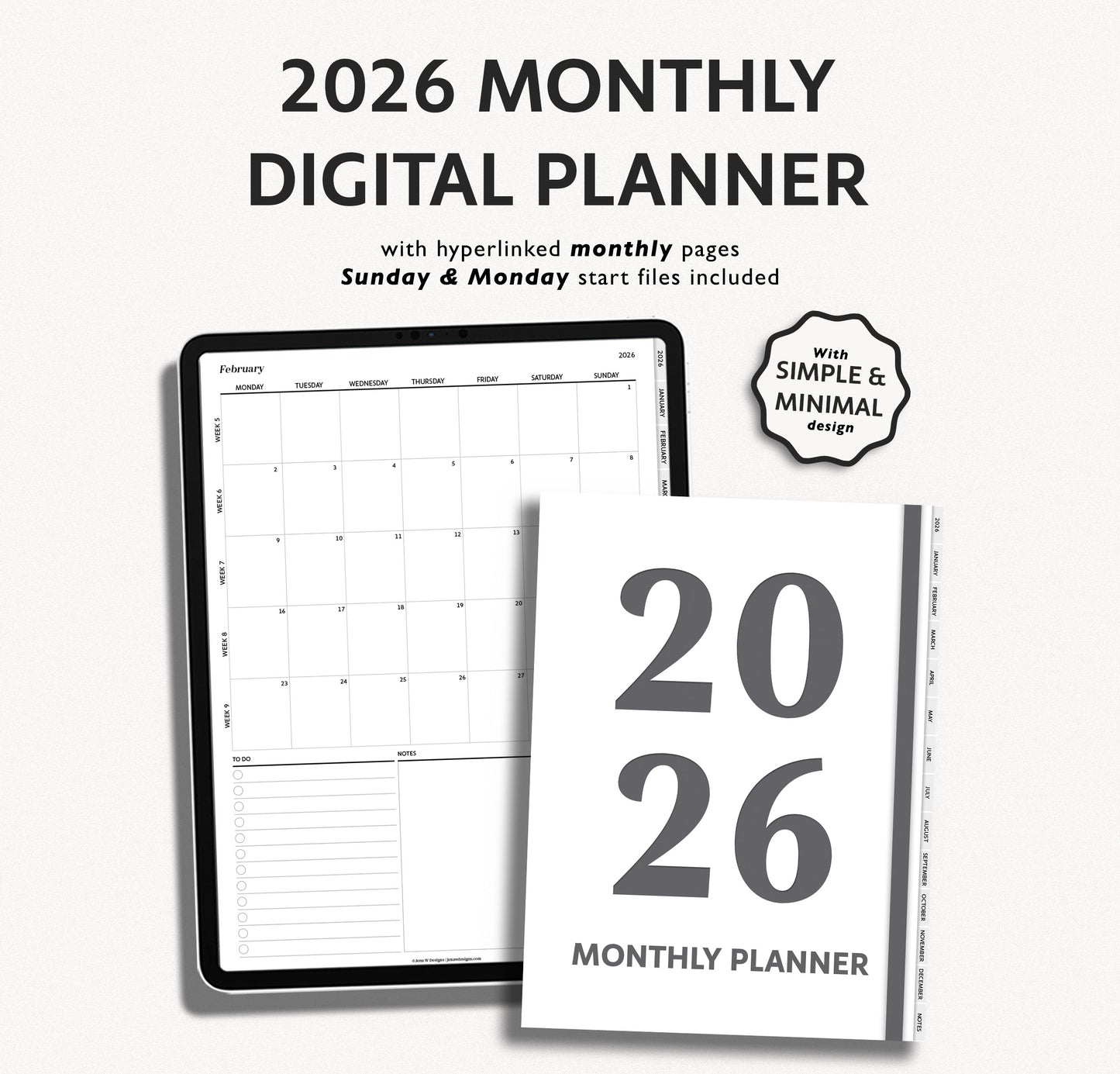 2026 Dated Monthly Digital Planner – Minimalist Planner for iPad & Android Tablets