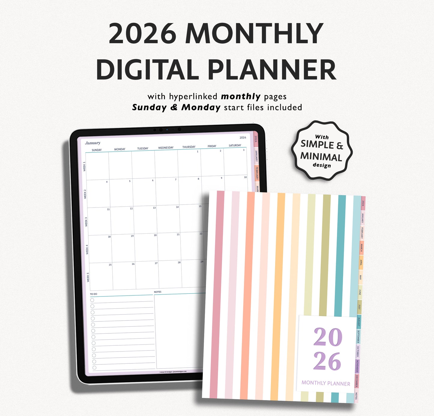 2026 Dated Monthly Digital Planner – Minimalist Planner for iPad & Android Tablets