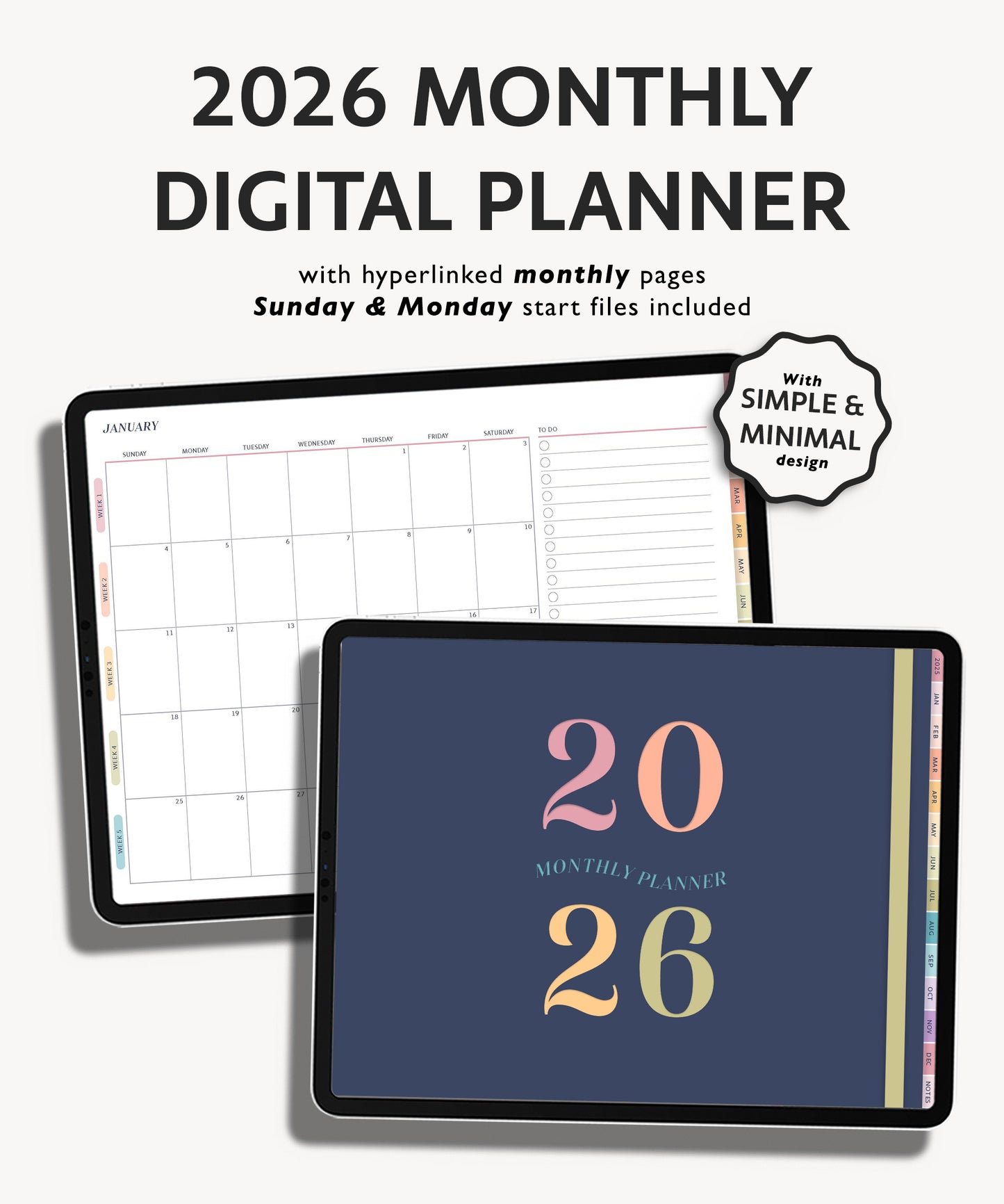 2026 Simple Landscape Monthly Digital Planner | Modern Minimal