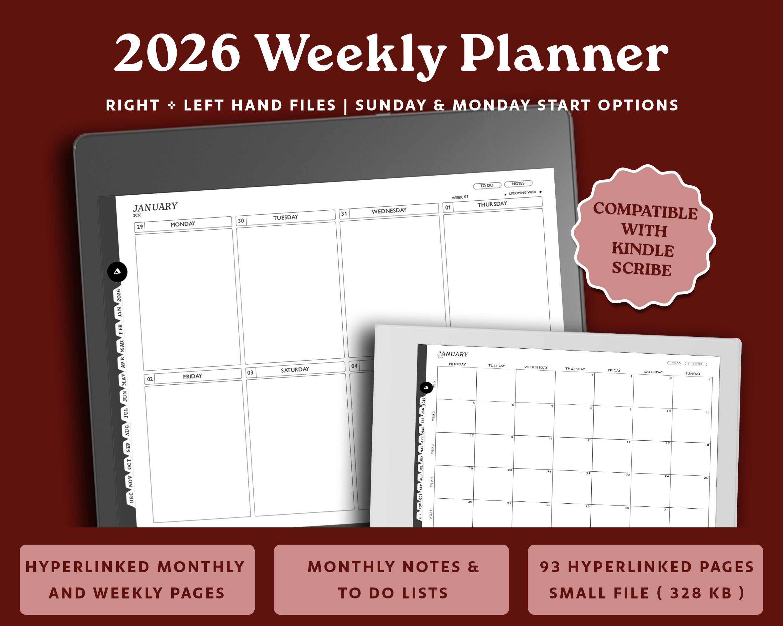 2026 Digital Planner for Kindle Scribe | Landscape Monthly Weekly Agen ...