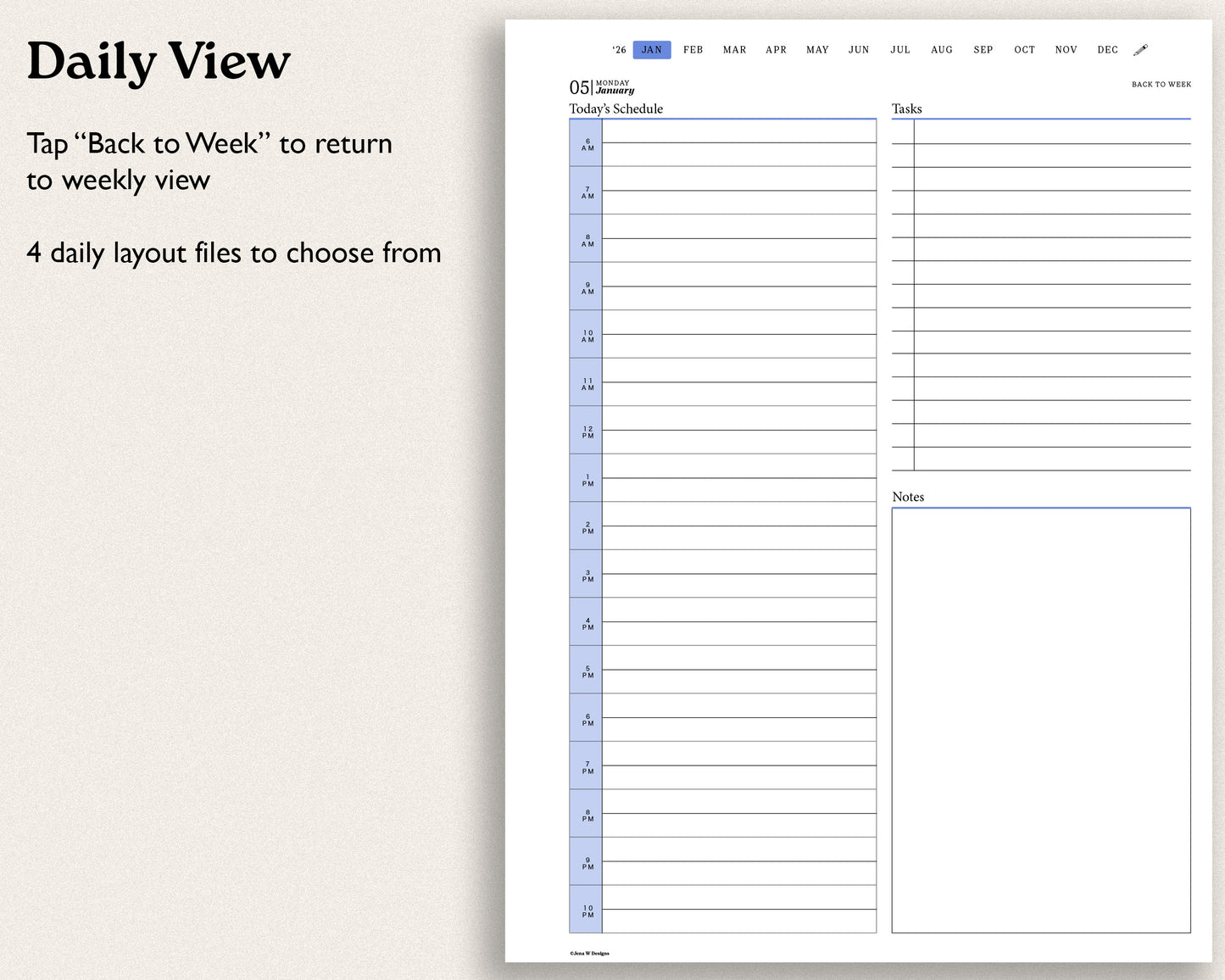 Daily schedule template with time slots and notes for remarkable paper pro