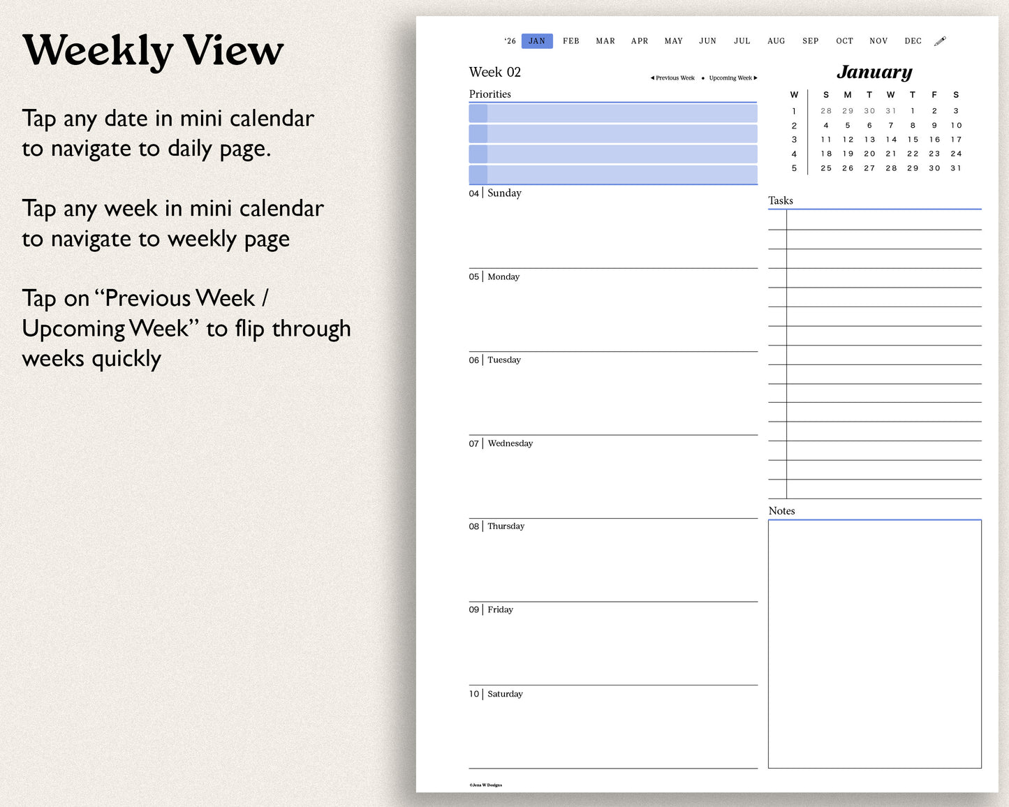 Weekly view calendar with hyperlink navigation for reMarkable paper pro