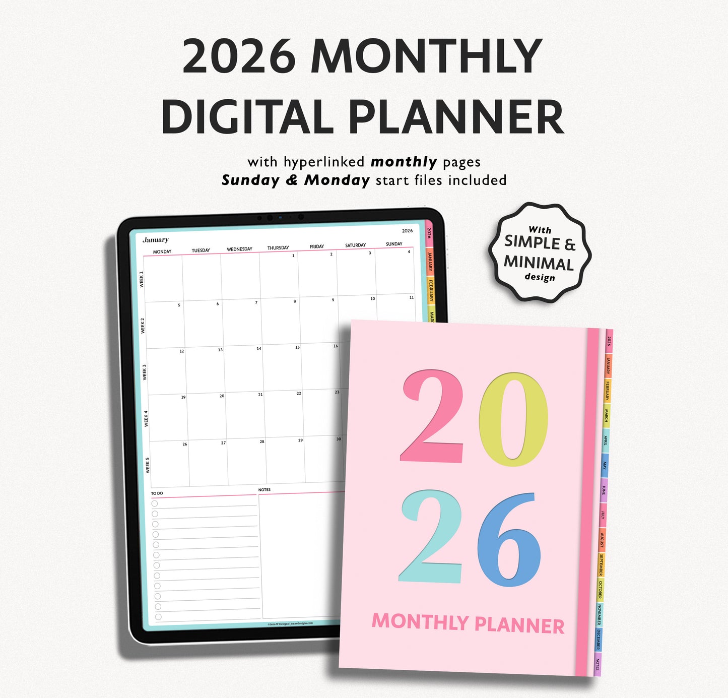 2026 Monthly Digital Planner with colorful design on a white background