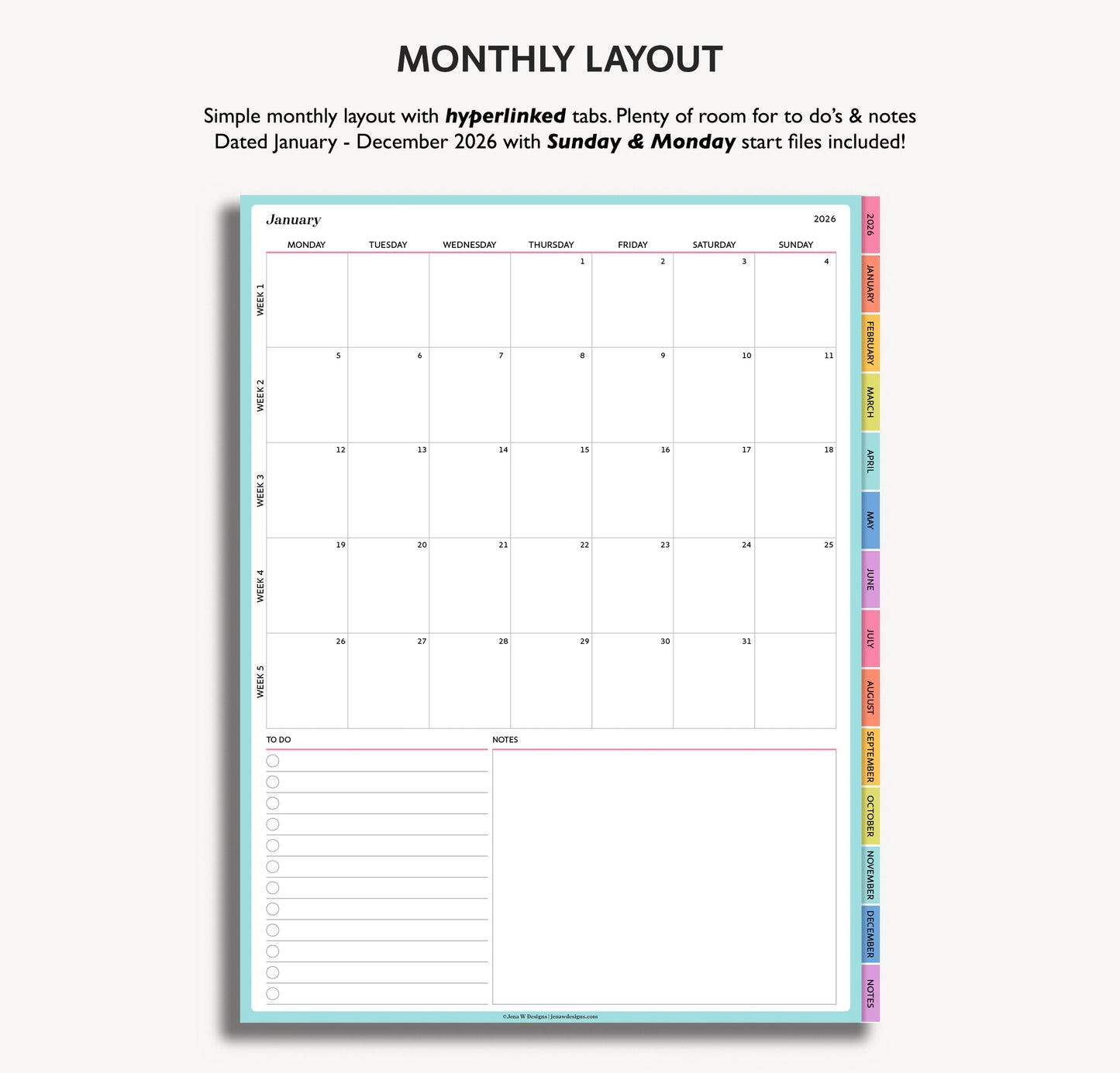 Monthly layout calendar with hyperlinked tabs for January to December 2026 on a white background.