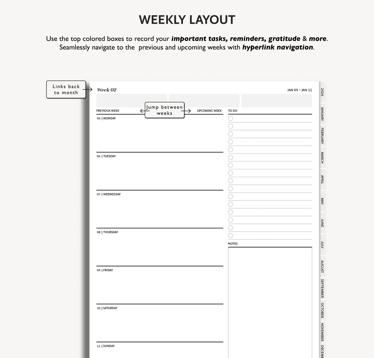Hyperlinked Weekly layout planner with task recording sections