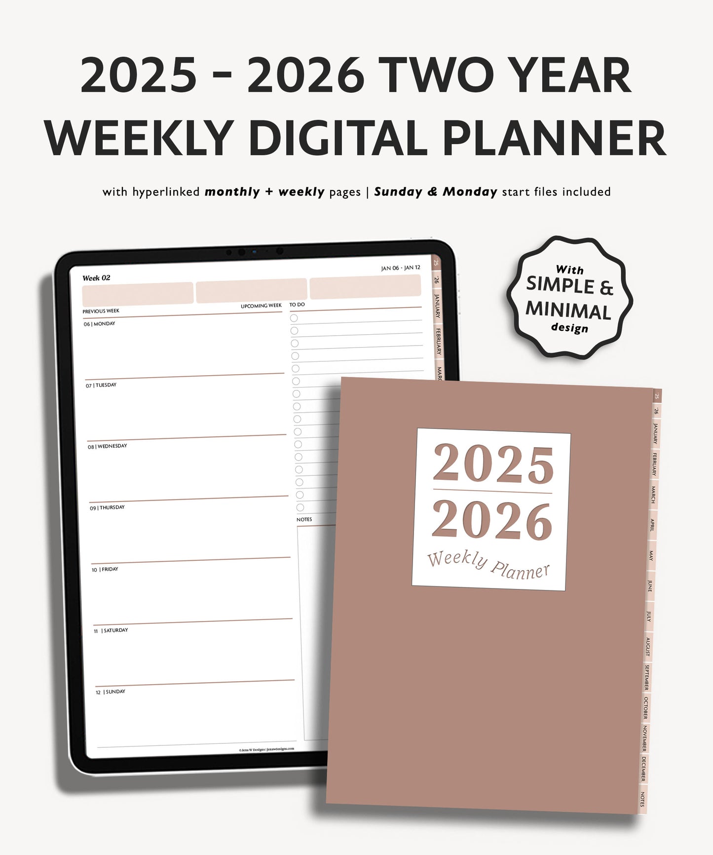 2025 2026 Two Year Weekly Planner | Minimal Modern Simple Agenda