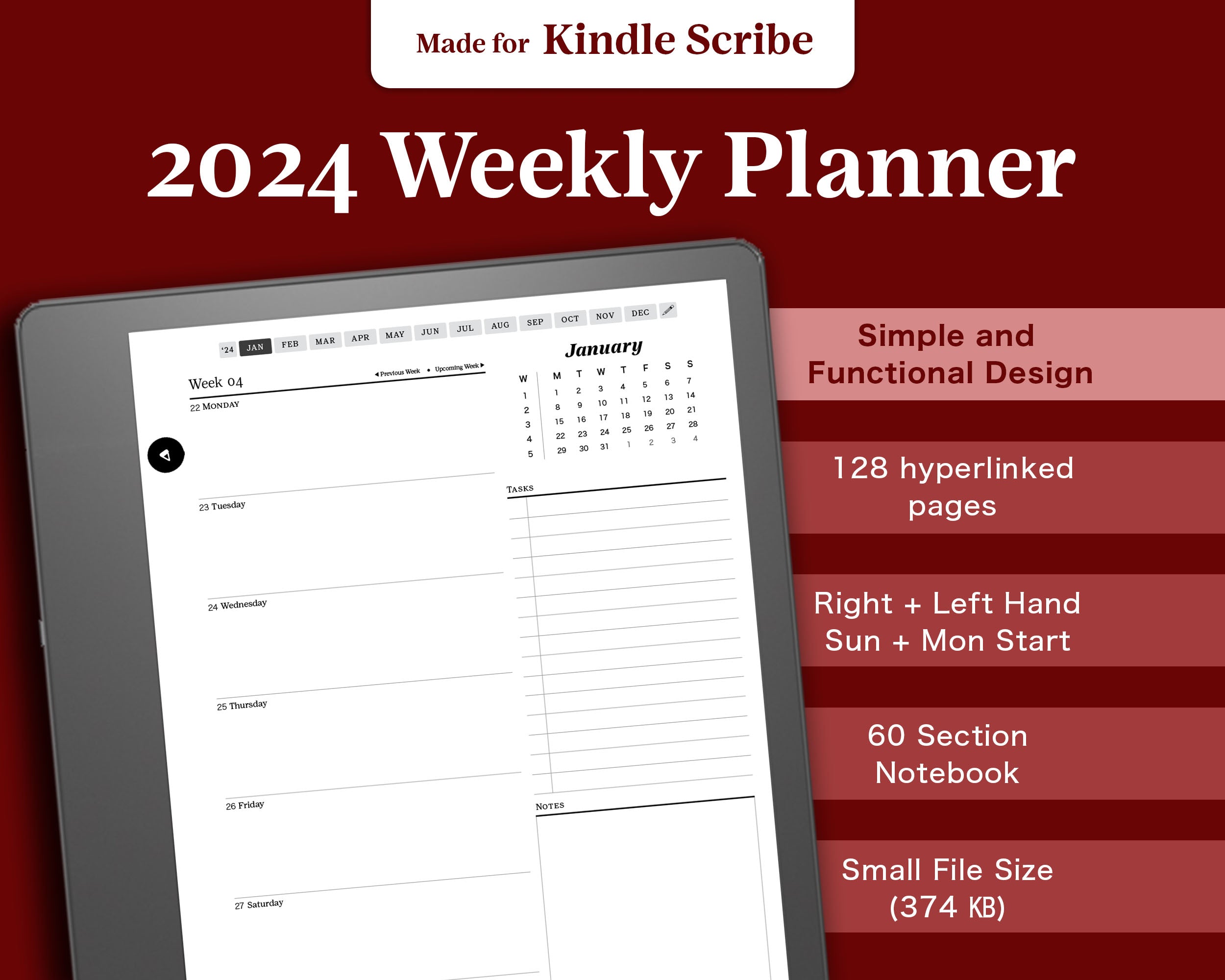 EDITABLE Kindle Scribe PDF Template / PDF Notebook Customizable To-do,  Note, Undated Monthly & 2024 Ready Margin for Left Side Toolbar 