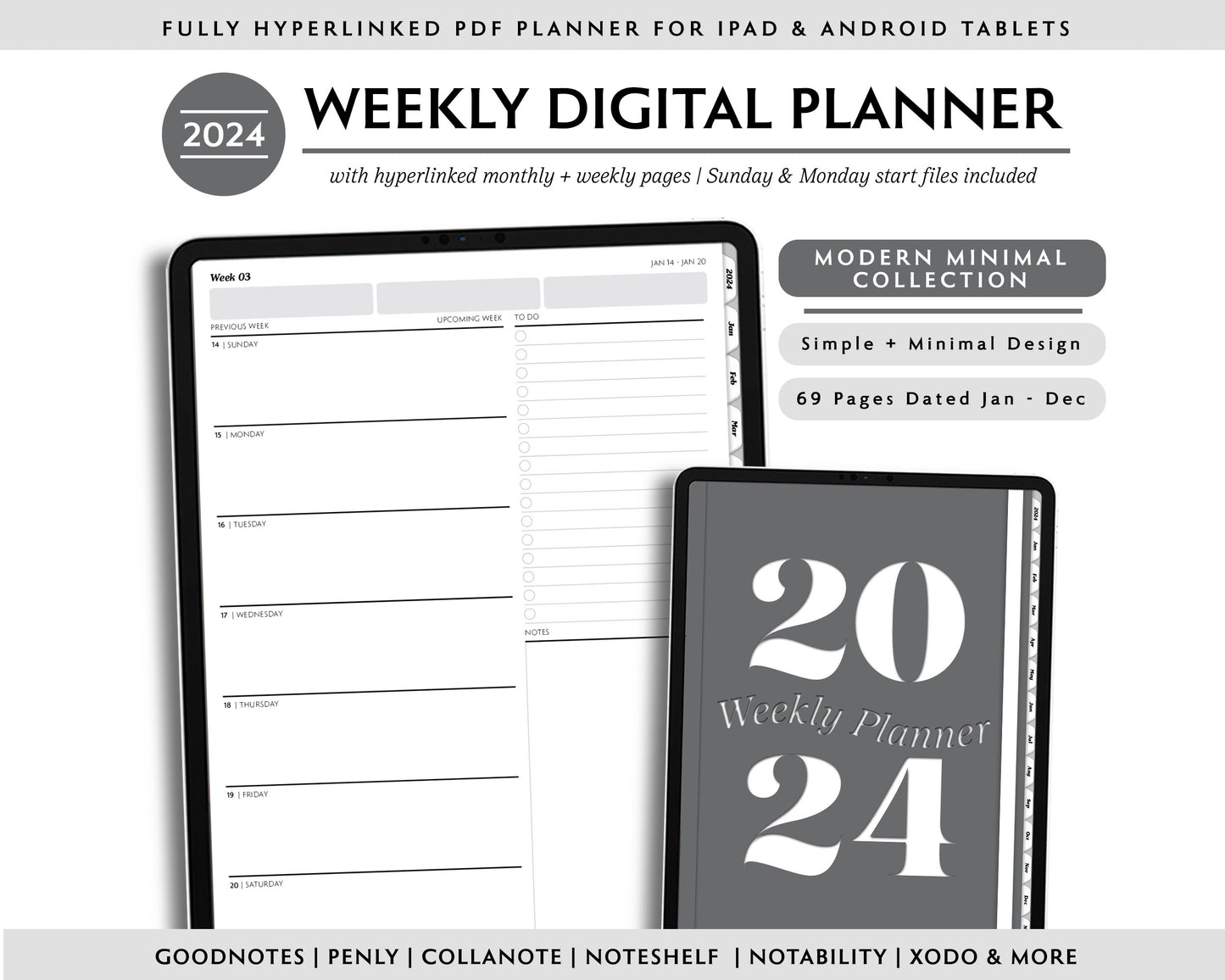 2024 Simple Weekly Digital Planner | Modern Minimal Collection