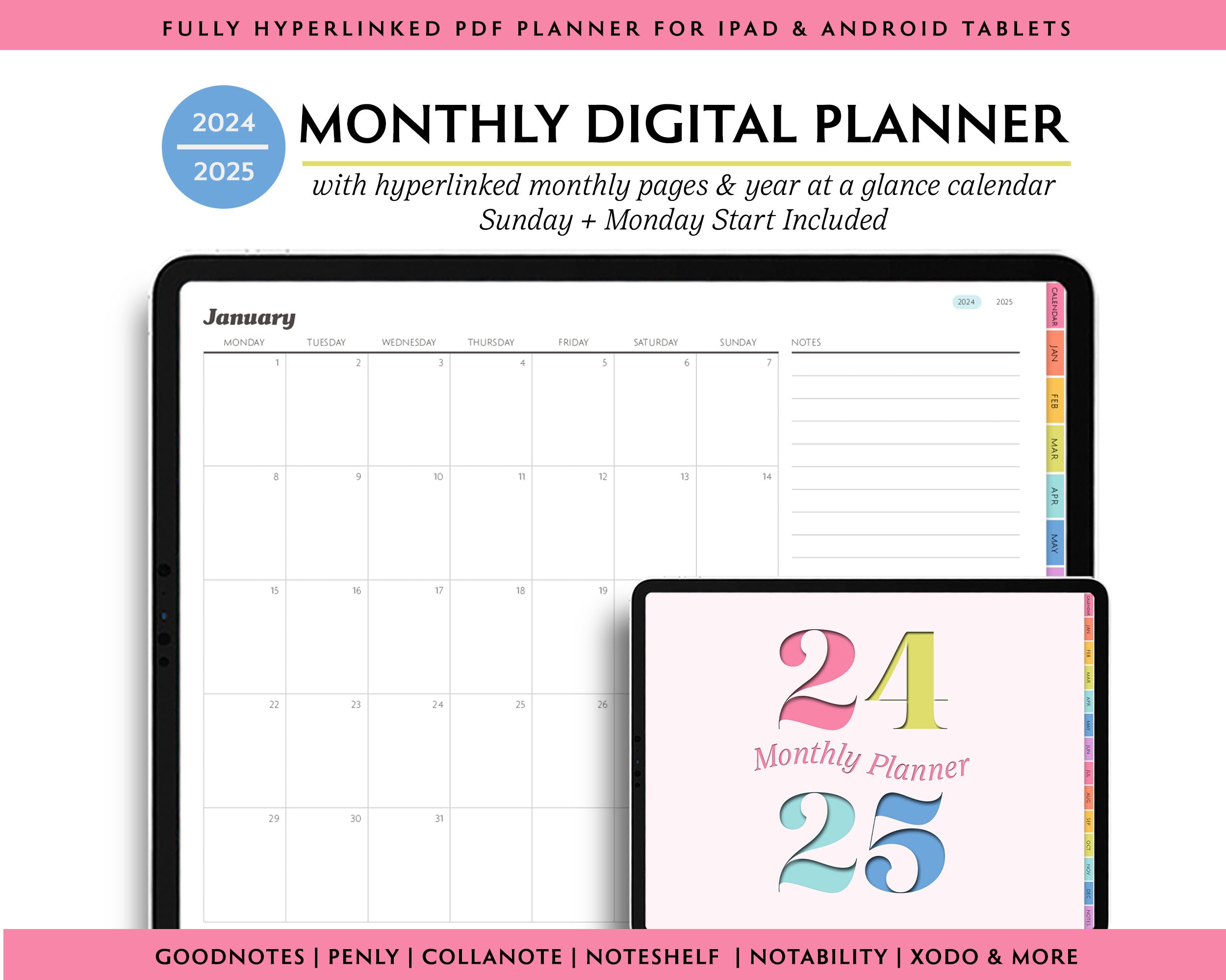 2024 2025 Simple 2 Year Monthly Digital Planner Modern Minimal Col