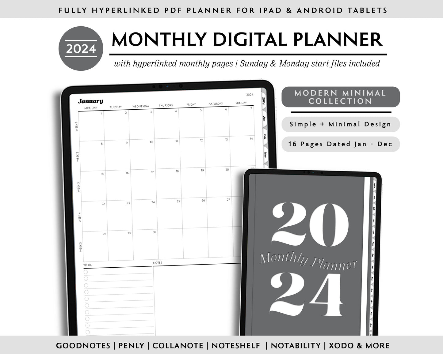 2024 Simple Monthly Digital Planner | Modern Minimal Collection