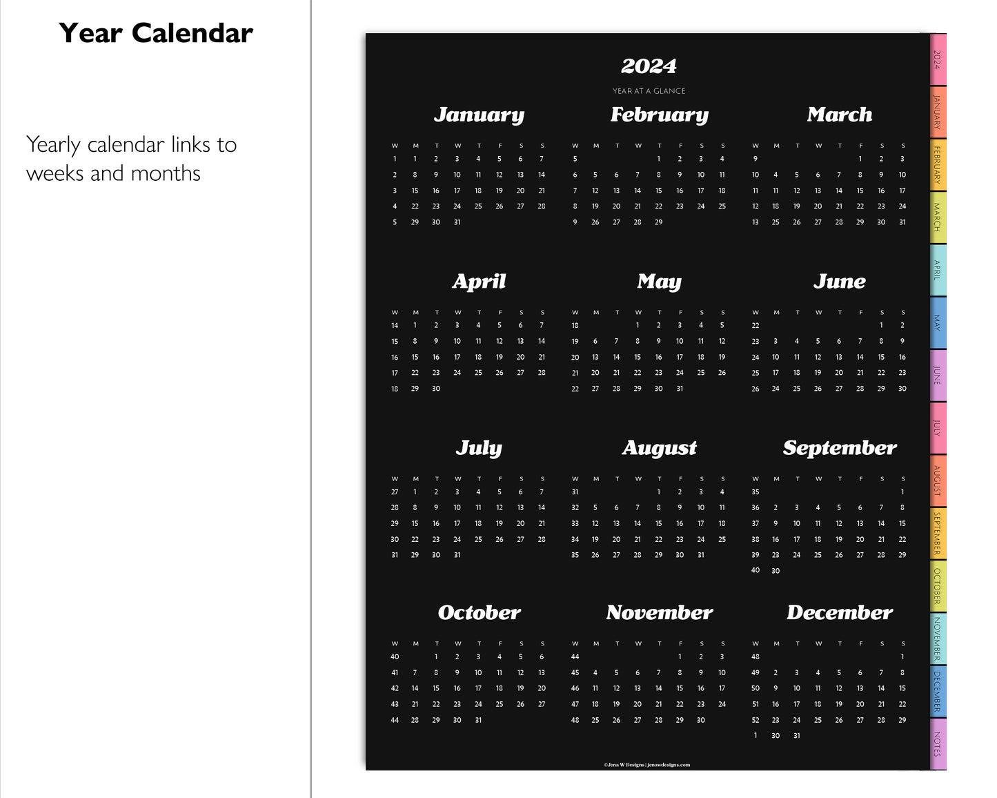 2024 Simple Weekly Digital Planner | Dark Mode Black Paper