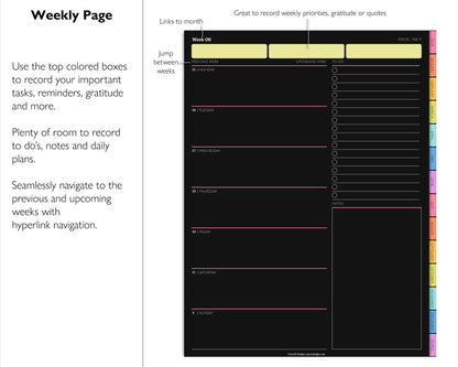 2024 Simple Weekly Digital Planner | Dark Mode Black Paper