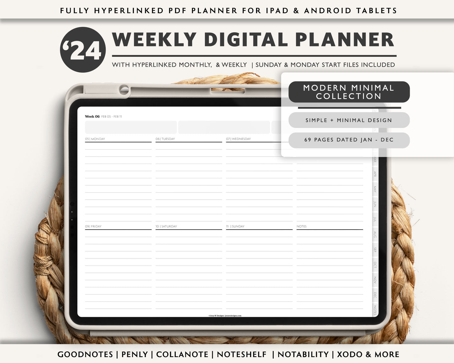 2024 Simple Weekly Digital Planner Landscape | Modern Minimal Collection