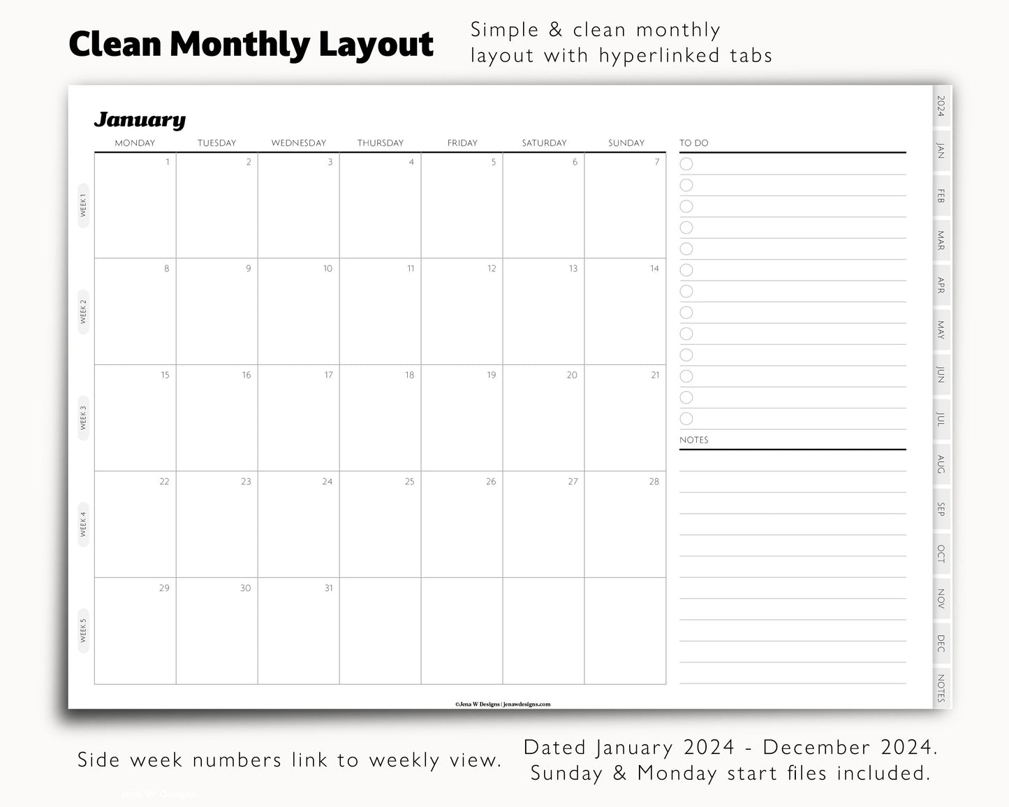 2024 Simple Weekly Digital Planner Landscape | Modern Minimal Collection