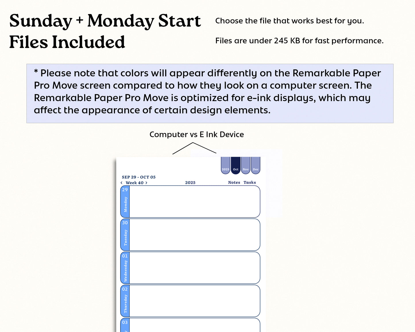 2025 Dated October-December Weekly Digital Planner for reMarkable Paper Pro Move | Mini Planner