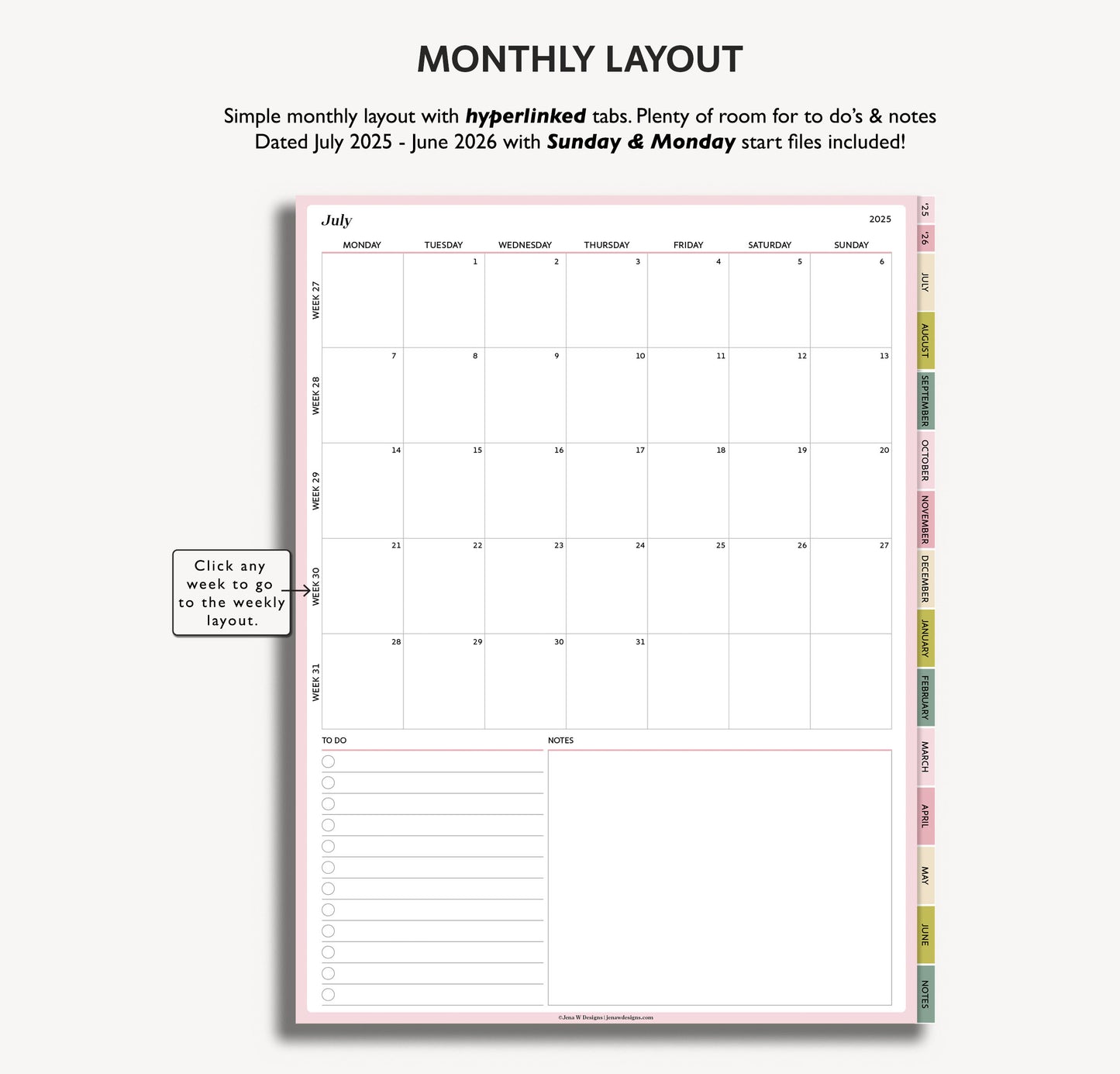 2025 2026 Mid Year Weekly Planner | Minimal Modern Simple Agenda