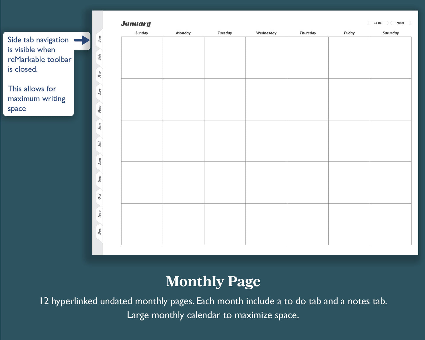 Undated Monthly Planner with To Do Lists | Landscape Planner for e-ink Devices