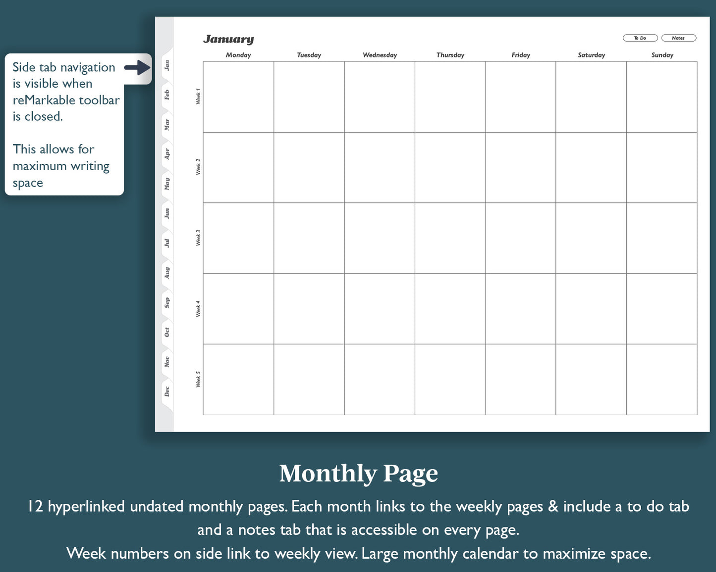 Undated Monthly Weekly Planner with To Do Lists | for e-ink Devices