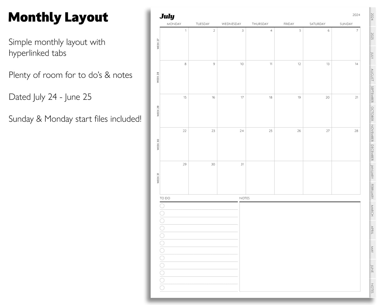 2024 2025 Mid Year Monthly Planner | Simple Minimal