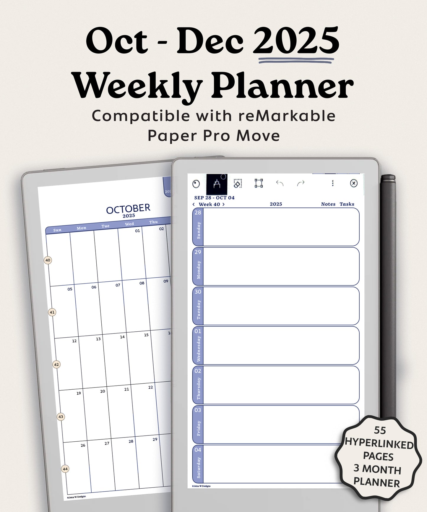 2025 Dated October-December Weekly Digital Planner for reMarkable Paper Pro Move | Mini Planner