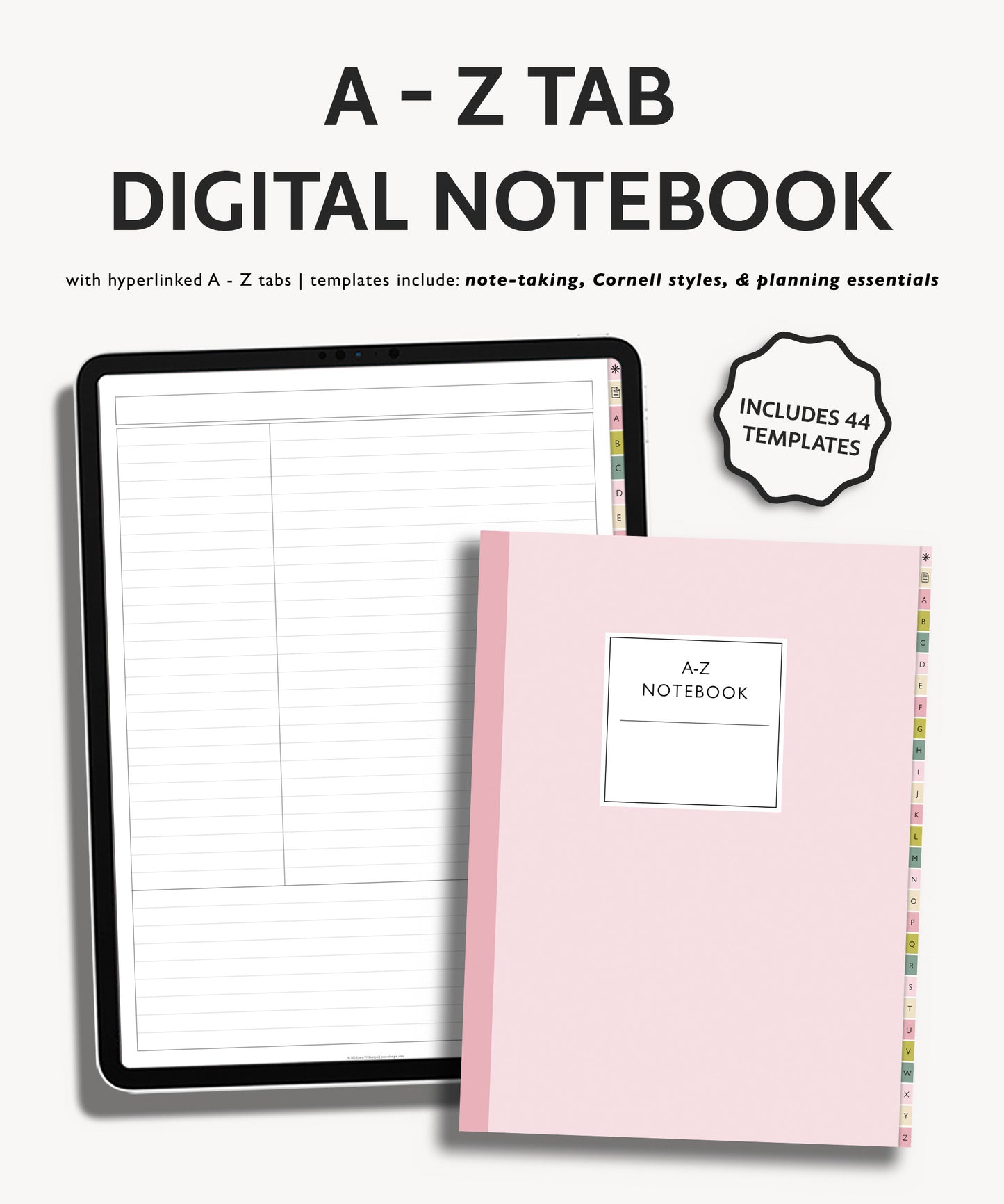 A to Z Tab Notebook | Multiple Paper & Planning Templates | Minimal Collection