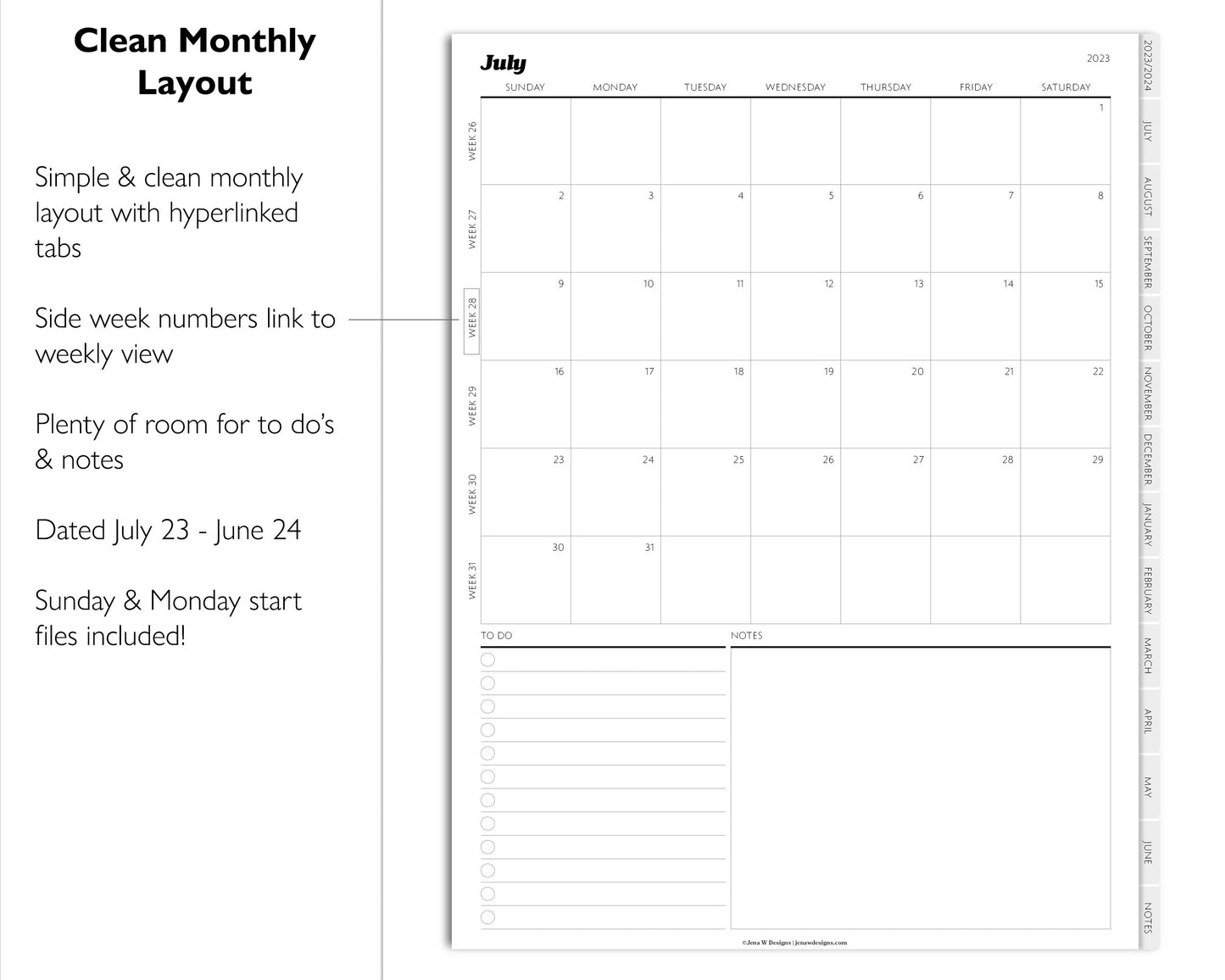 2023 2024 Mid Year Weekly Digital Planner | Simple Minimal