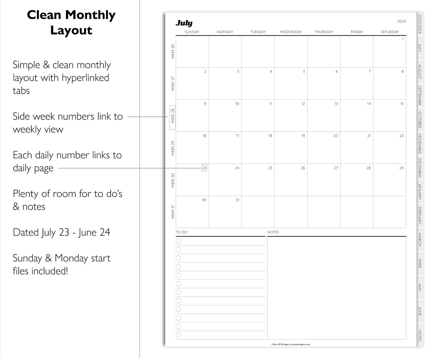 2023 2024 Mid Year Daily Digital Planner | Minimal Modern Simple Agenda