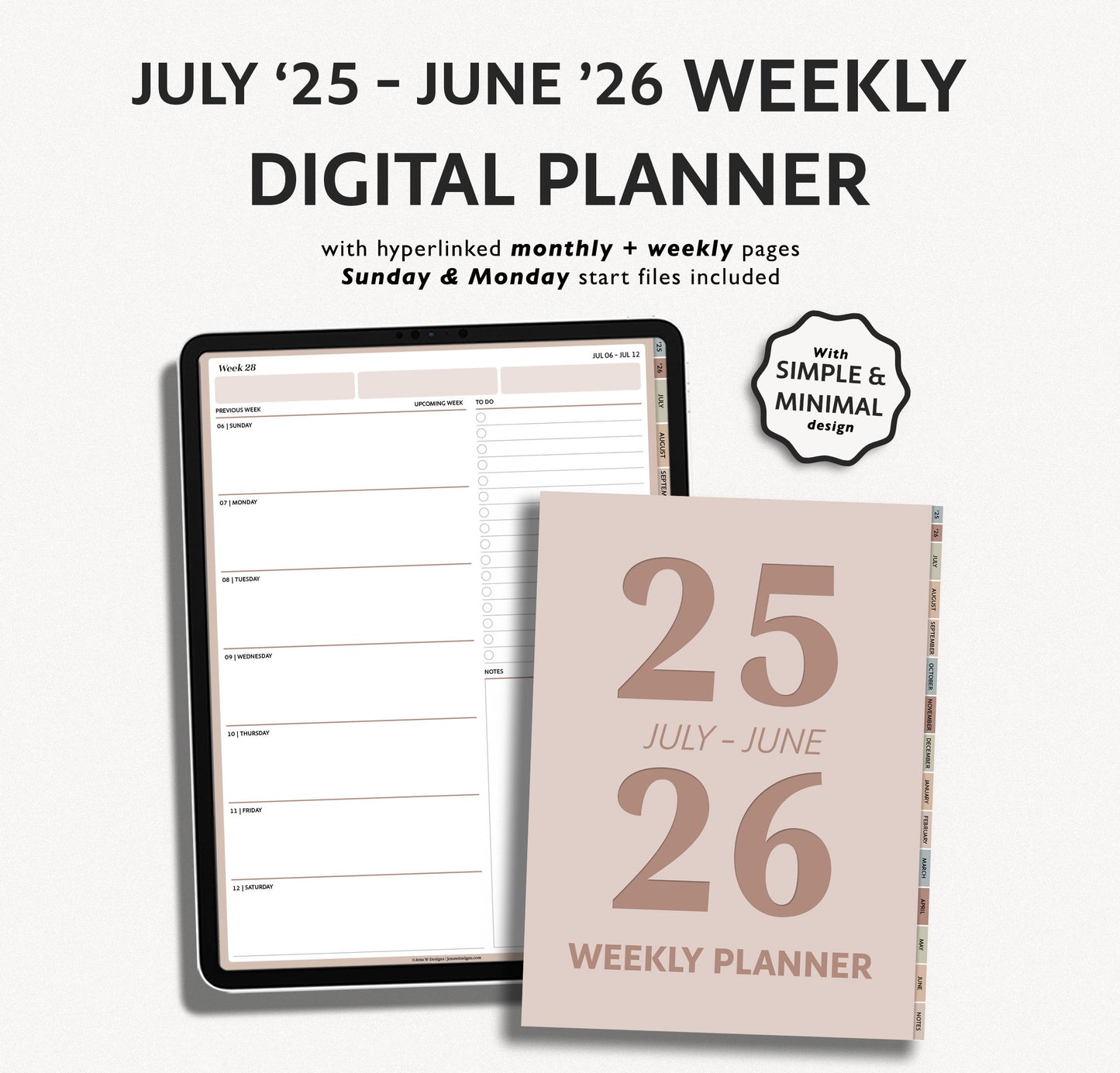 2025 2026 Mid Year Weekly Planner | Minimal Modern Simple Agenda