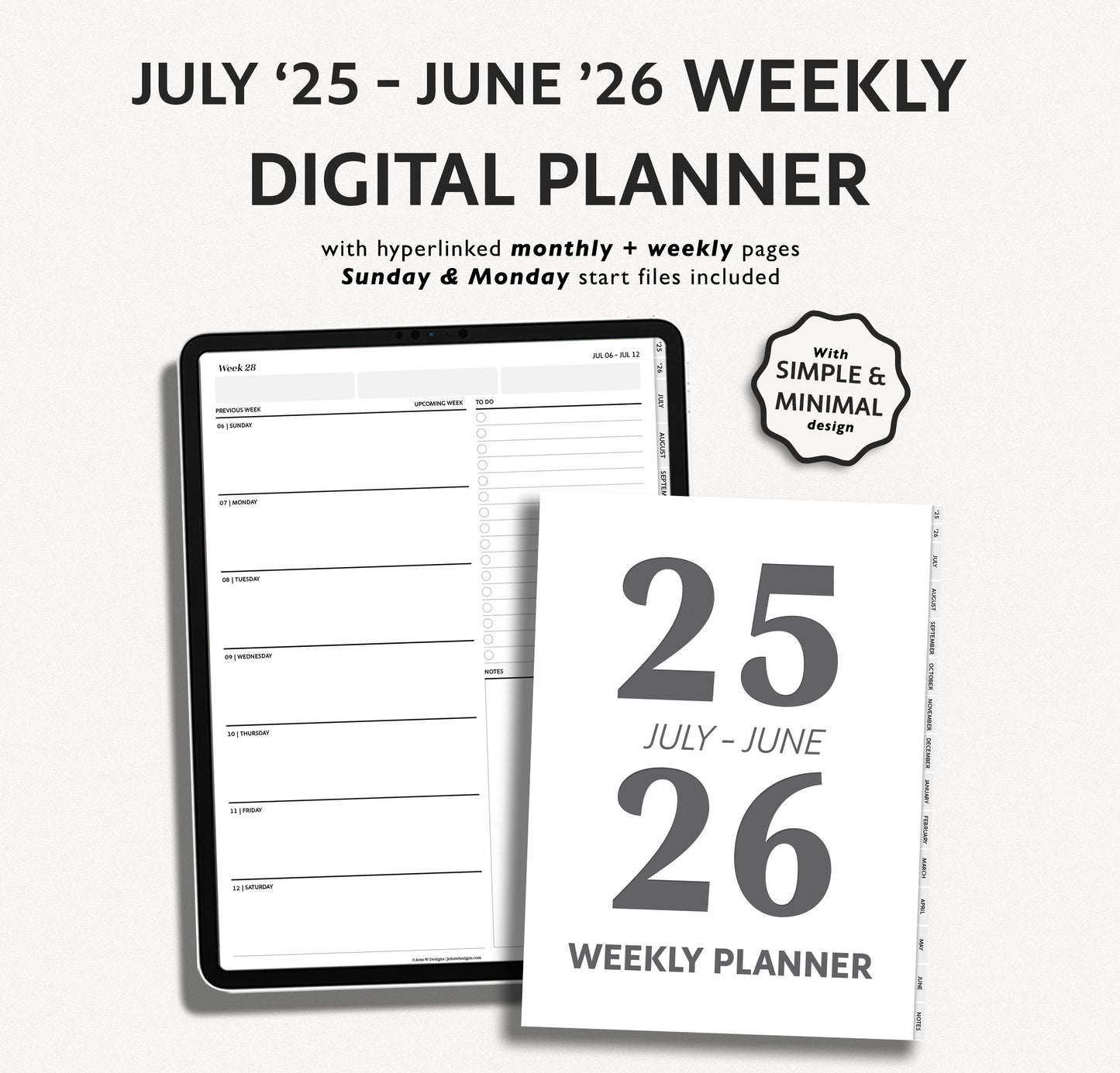 2025 2026 Mid Year Weekly Planner | Minimal Modern Simple Agenda