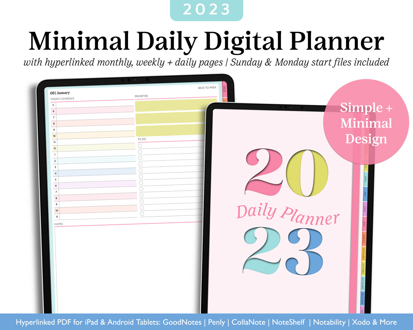 2023 Minimal Modern Daily Planner | Simple Digital Planner | Vertical