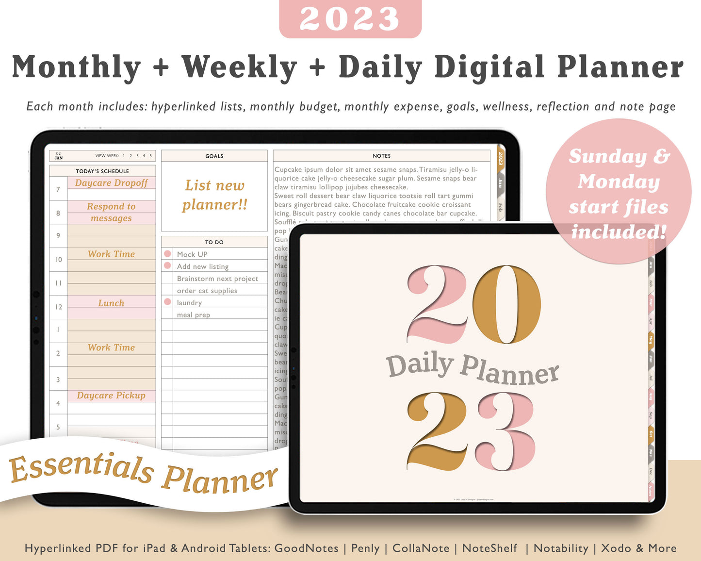 2023 Monthly + Weekly + Daily Digital Planner With 24 Custom Sections | Weekly Landscape Agenda
