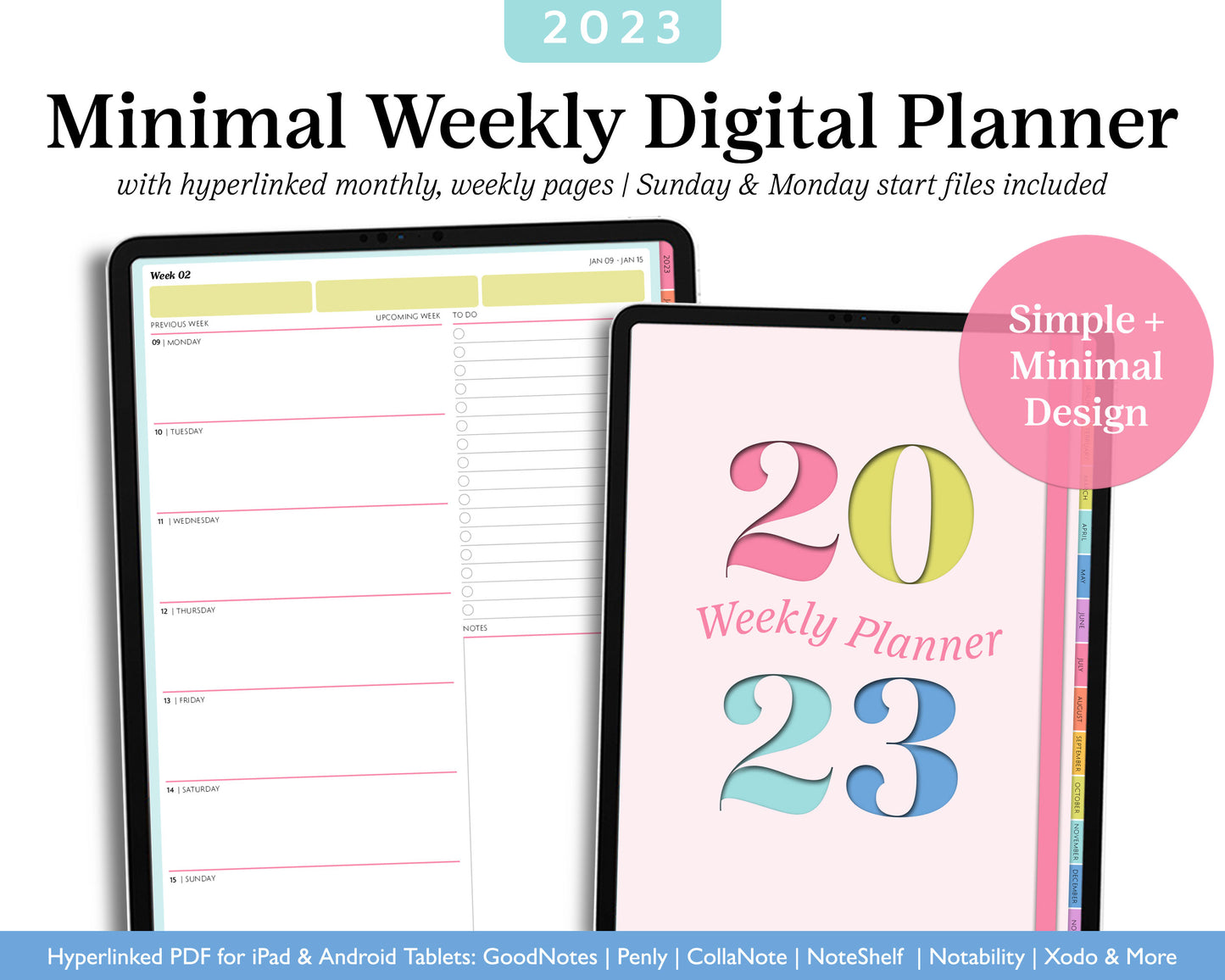 2023 Minimal Modern Weekly Planner | Simple Digital Planner | Vertical