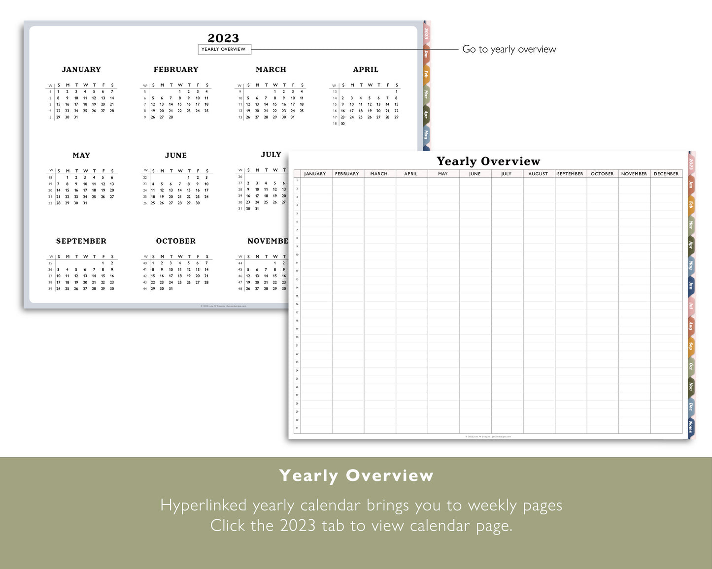 2023 Monthly + Weekly Digital Planner With 24 Custom Sections | Weekly Landscape Agenda