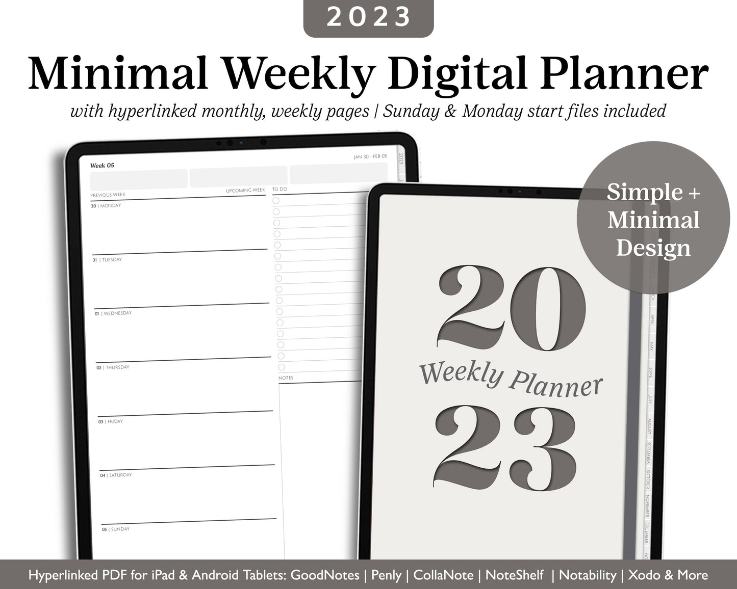 2023 Minimal Modern Weekly Planner | Simple Digital Planner | Vertical