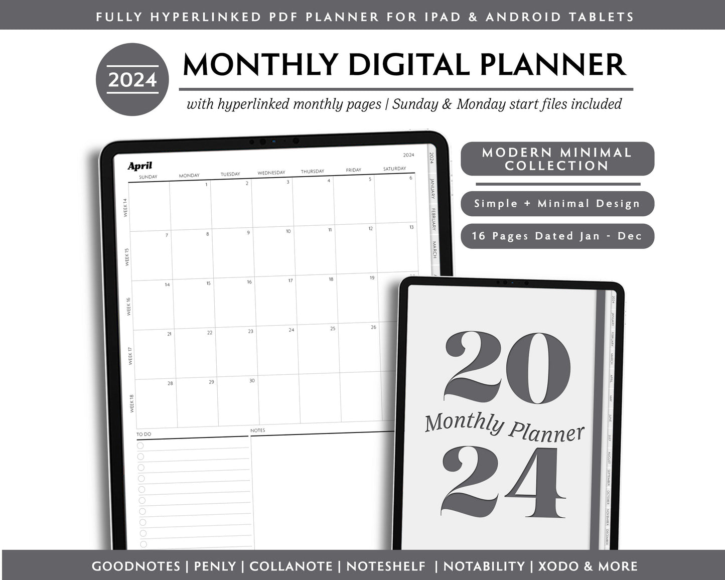 2024 Simple Monthly Digital Planner | Modern Minimal Collection