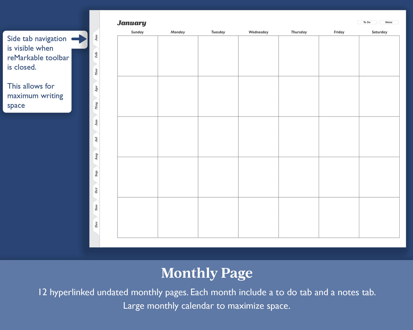 Undated Monthly Planner with To Do Lists | Landscape Planner for e-ink Devices