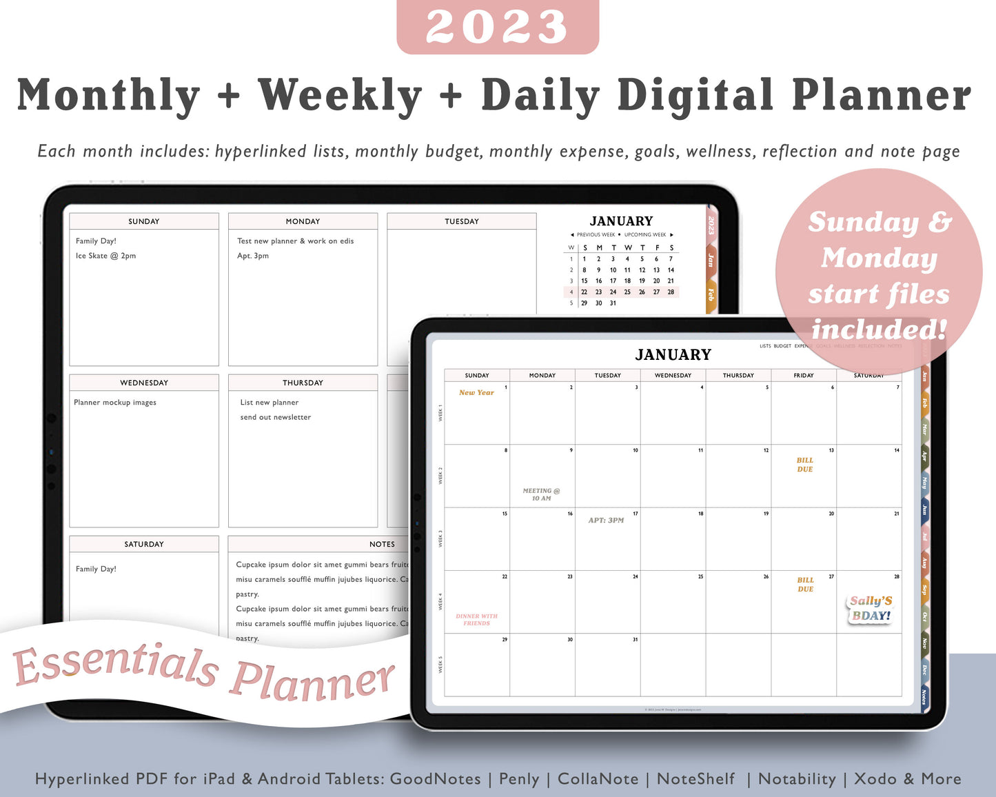2023 Monthly + Weekly + Daily Digital Planner With 24 Custom Sections | Weekly Landscape Agenda