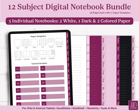 12 Subject Notebook Bundle | White, Colored and Dark Mode Notebook Bundle - Jena W Designs