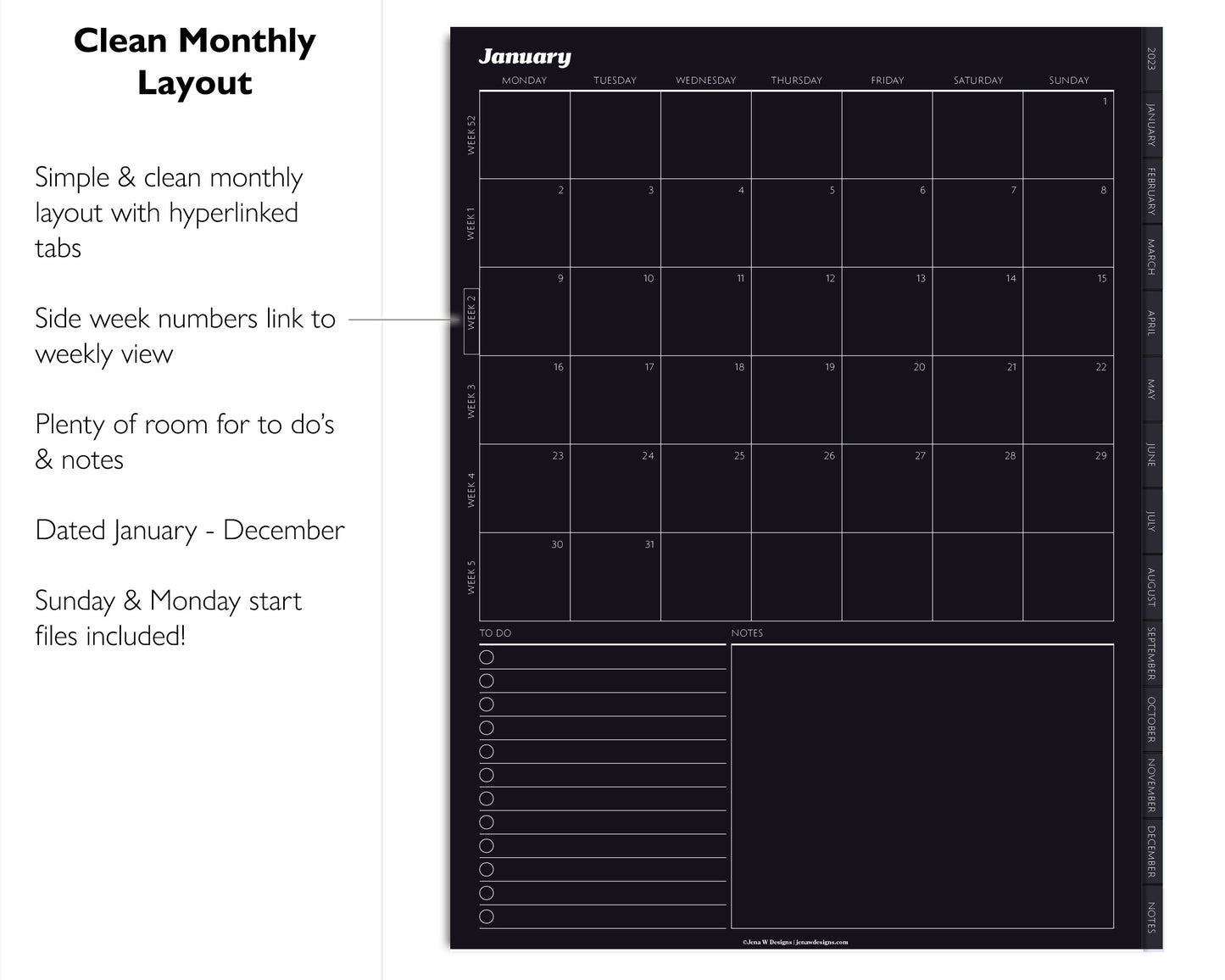2023 Minimal Modern Monthly Weekly Planner | 12 Month Vertical Planner | Dark Mode