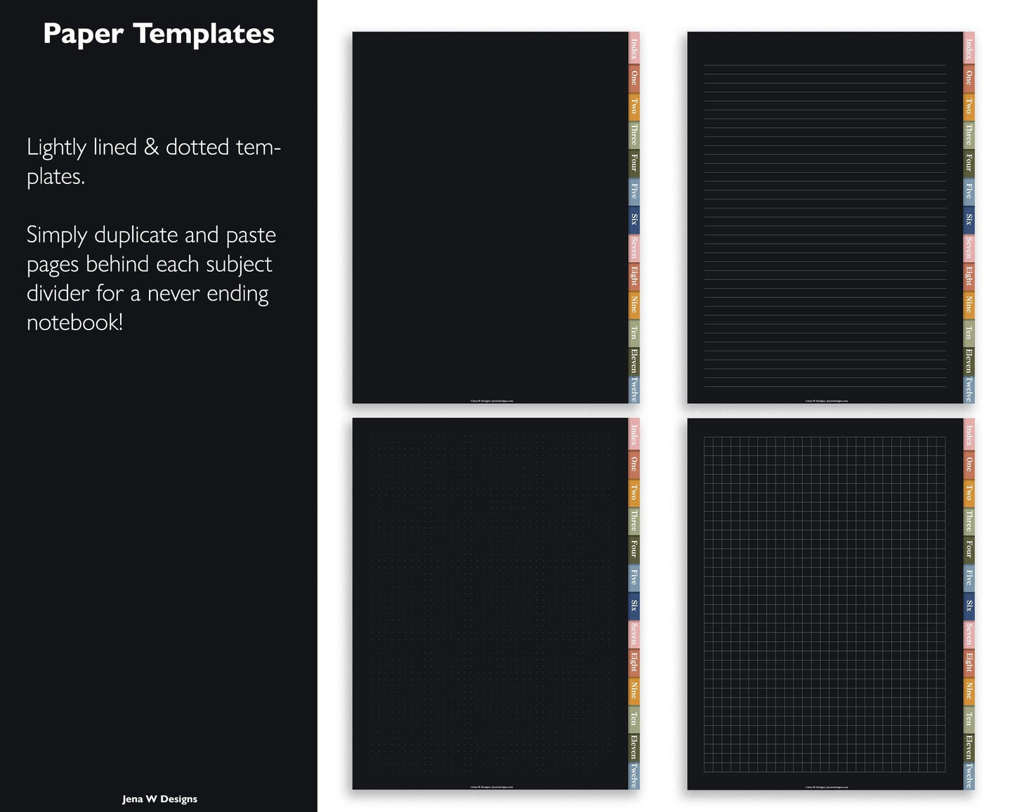 12 Subject Hyperlinked PDF Notebook | Dark Mode - Jena W Designs