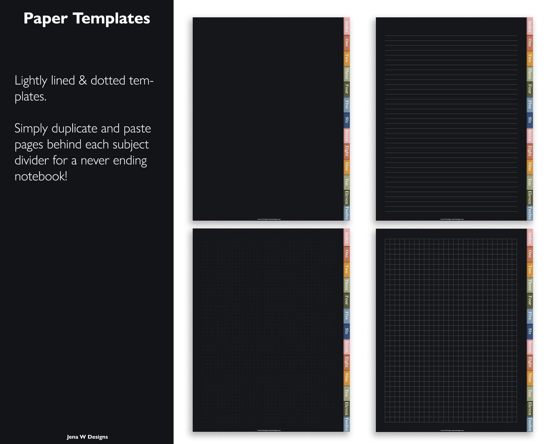 12 Subject Hyperlinked PDF Notebook | Dark Mode - Jena W Designs