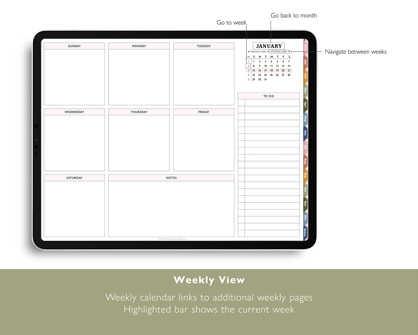 2023 Monthly + Weekly Digital Planner With 24 Custom Sections | Weekly Landscape Agenda