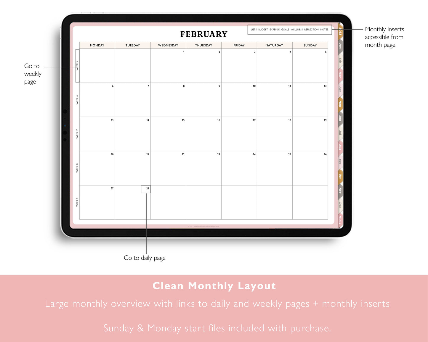 2023 Monthly + Weekly + Daily Digital Planner With 24 Custom Sections | Weekly Landscape Agenda