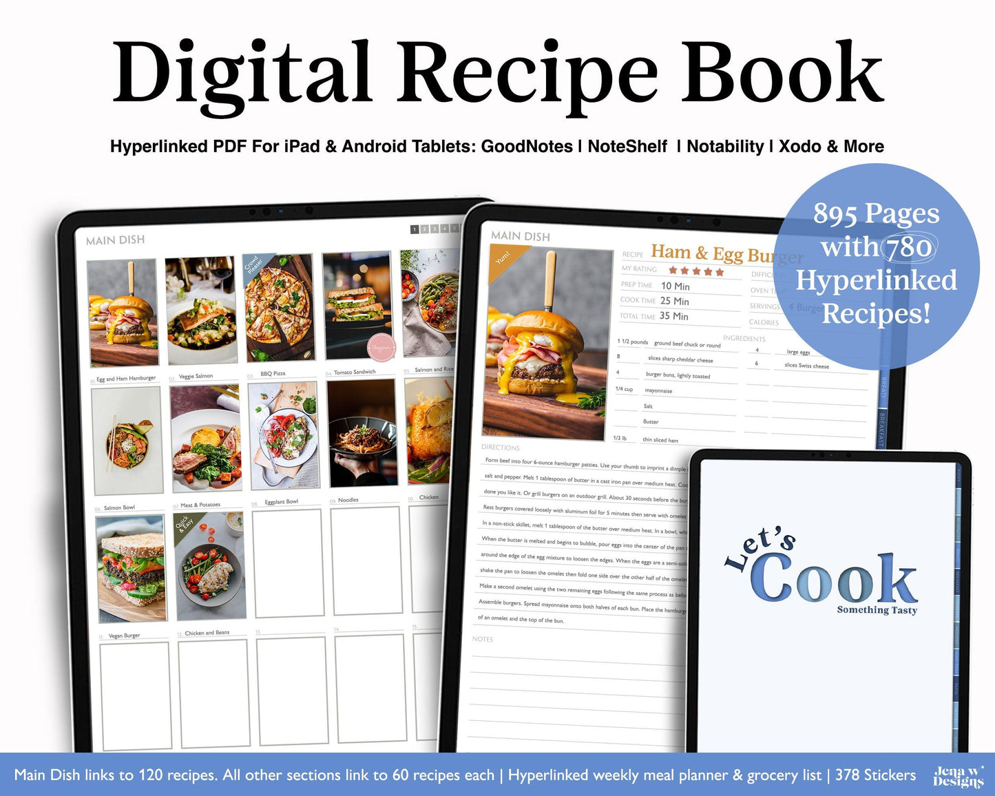 Digital Recipe Book with Meal Planner and Grocery List | Hyperlinked PDF Cookbook - Jena W Designs