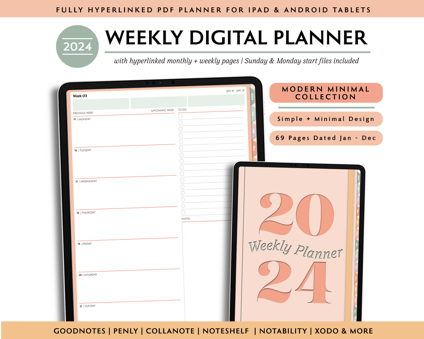 2024 Simple Weekly Digital Planner | Modern Minimal Collection