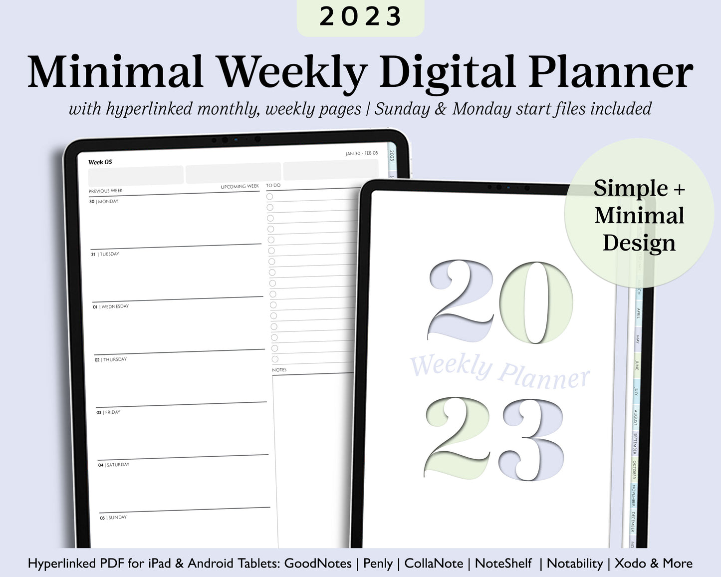 2023 Minimal Modern Weekly Planner | Simple Digital Planner | Vertical