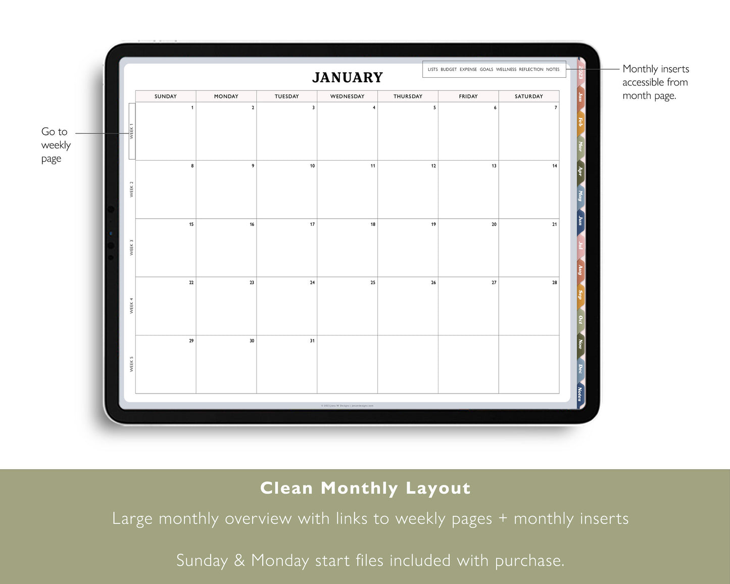 2023 Monthly + Weekly Digital Planner With 24 Custom Sections | Weekly Landscape Agenda