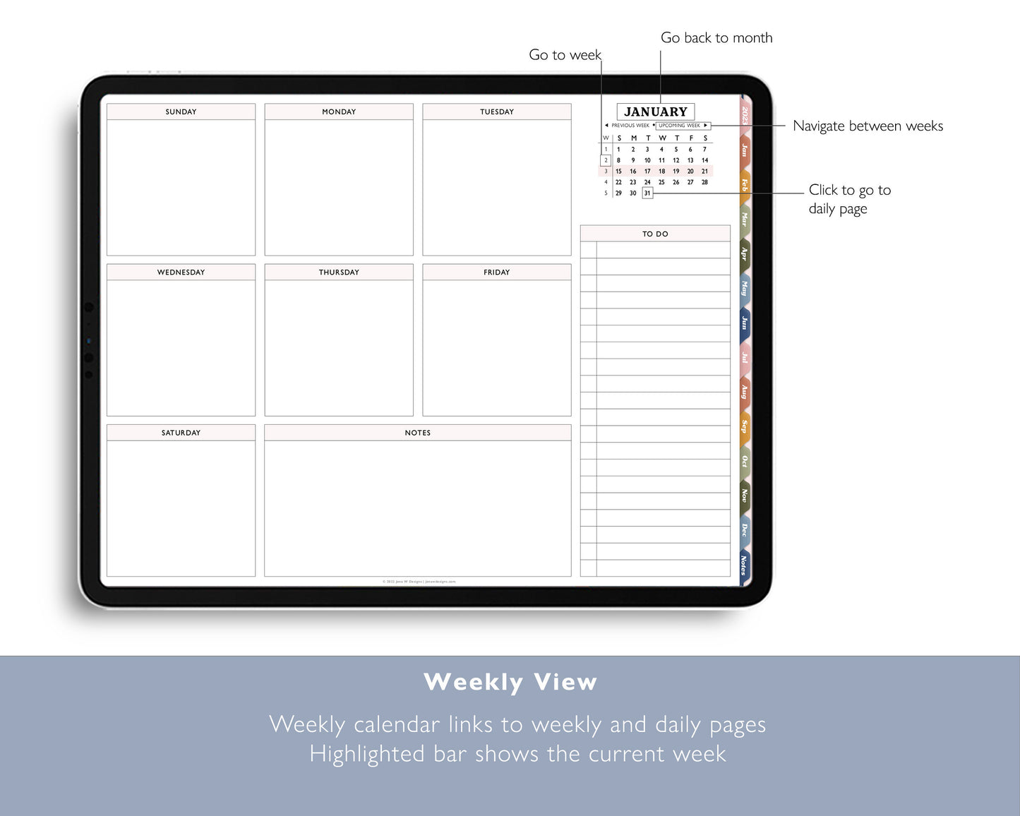 2023 Monthly + Weekly + Daily Digital Planner With 24 Custom Sections | Weekly Landscape Agenda