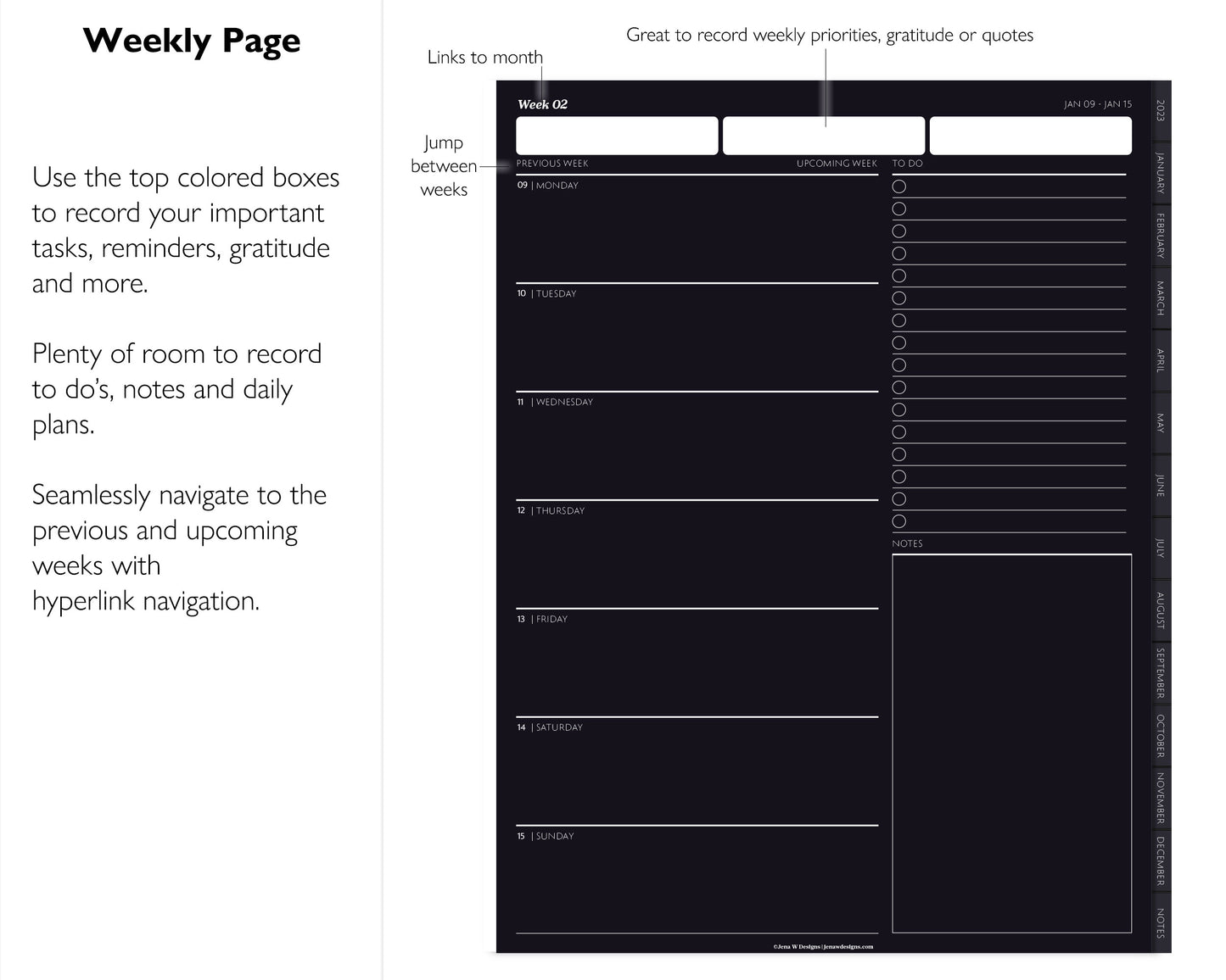 2023 Minimal Modern Monthly Weekly Planner | 12 Month Vertical Planner | Dark Mode