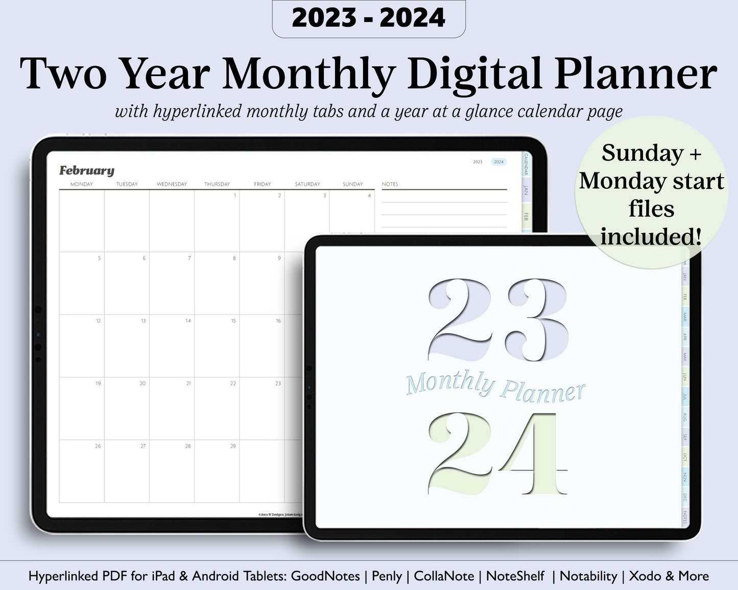 2023- 2024 Minimal Modern Monthly Planner | 2 Year Digital Planner Landscape